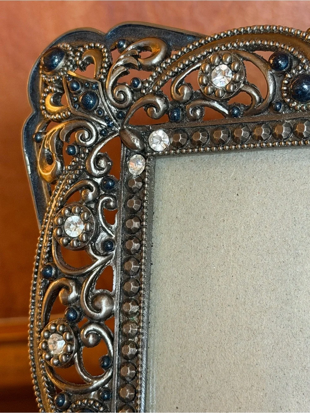 Vintage Ornate Pewter Metal Bejeweled 4x6 Picture Frame Heavy Filigree Crystals